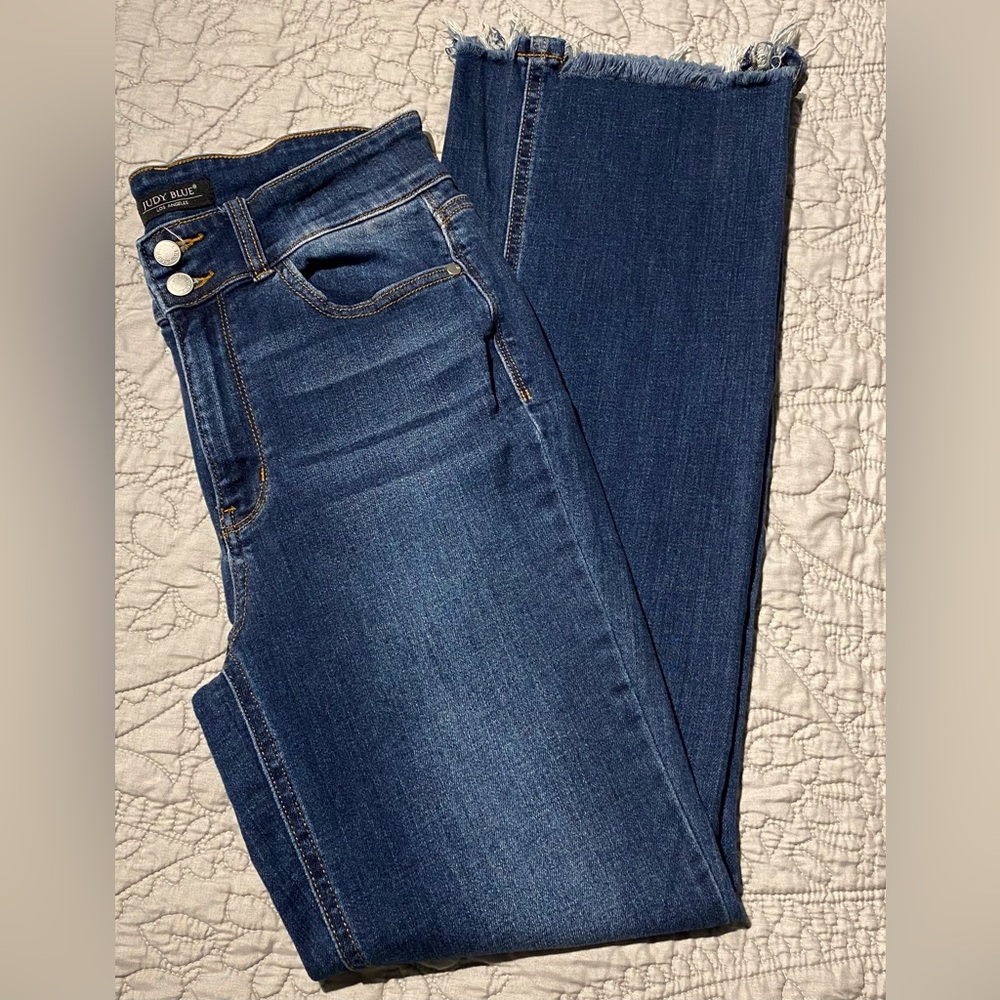 Judy Blue High Waist Bootcut Jeans 11/30 Dark Wash Distressed Frayed Hem Stretch